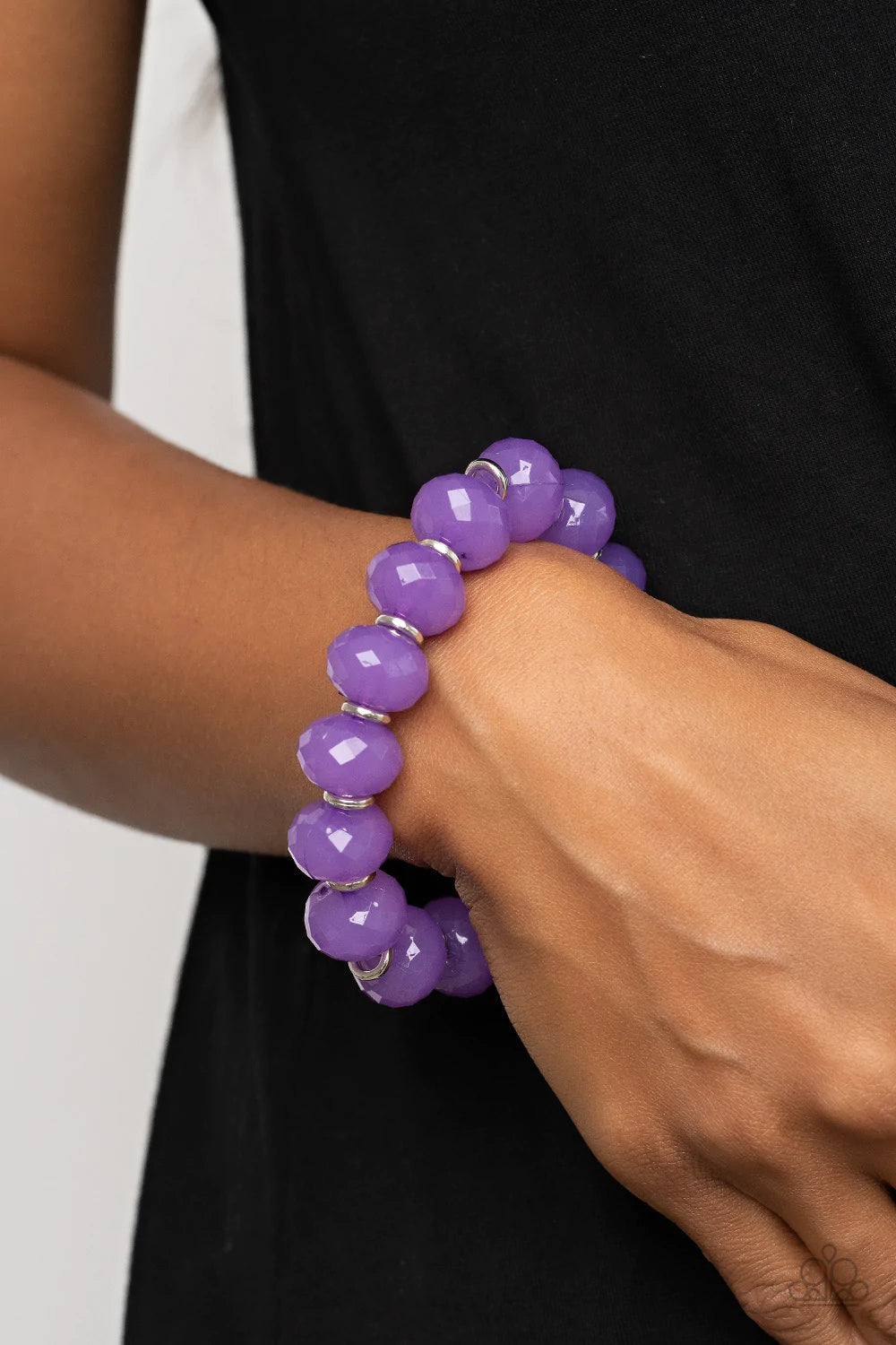 Paparazzi Accessories This is My Jam! - Purple Dainty silver rings and oversized faceted opaque purple crystal-like beads alternate along a stretchy band around the wrist, creating a mystical pop of color. Sold as one individual bracelet. Jewelry