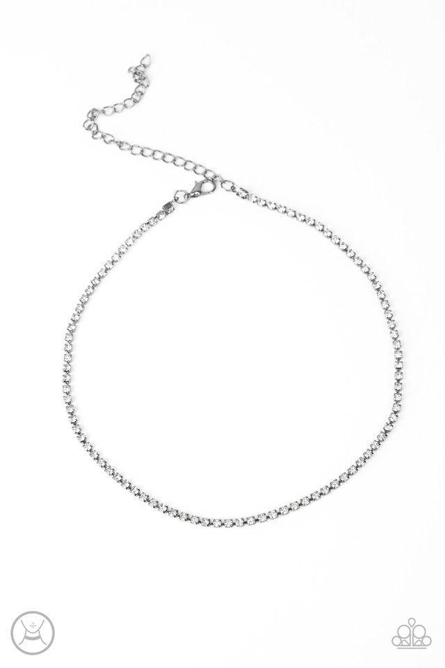 Paparazzi Accessories Pitch PURR-fect - White Pressed into sleek silver square frames, a strand of glittery white rhinestones wraps around the neck for an edgy look Features an adjustable clasp closure. Jewelry