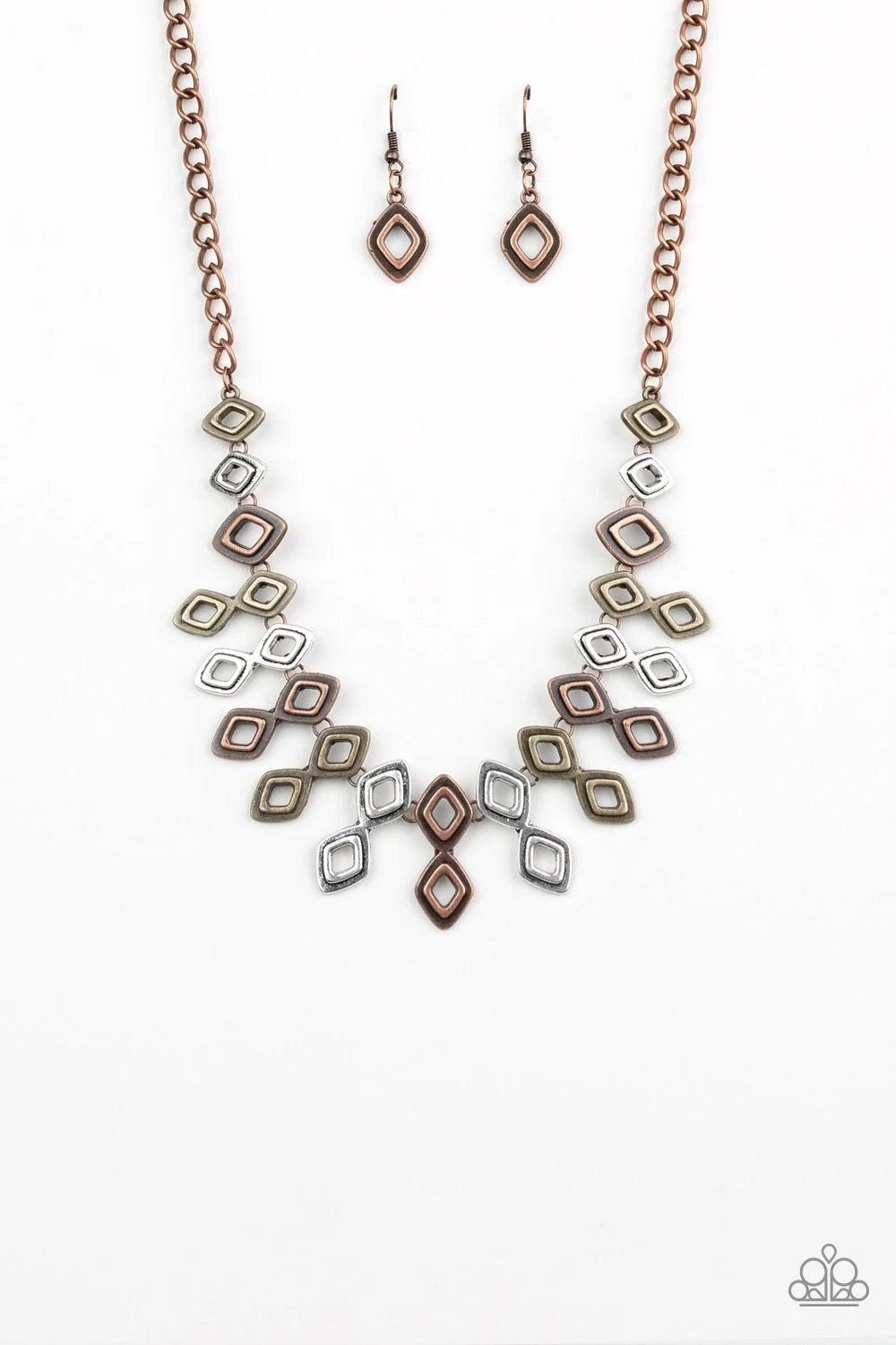 Paparazzi Accessories Geocentric - Multi Brushed in an antiqued shimmer, glistening diamond-shaped copper, brass, and silver frames link below the collar, coalescing into an edgy geometric fringe. Features an adjustable clasp closure.Sold as one individua
