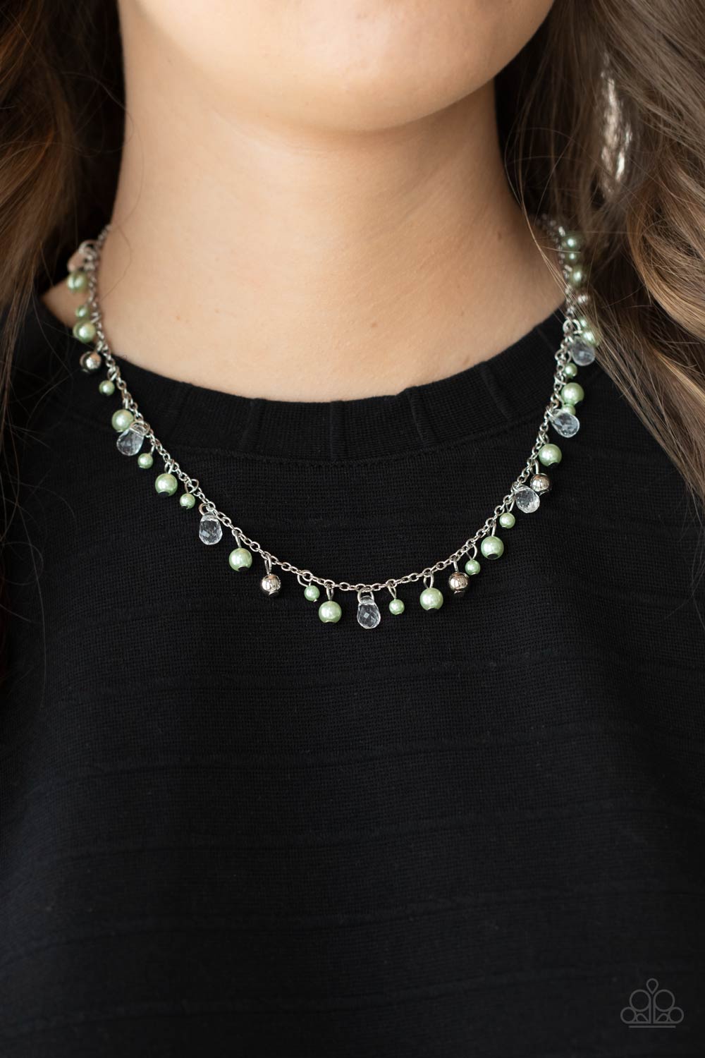 Paparazzi Accessories Pearl Essence - Green Soft pastel Green Ash pearls dangle alongside dainty silver and faceted glass beads as they float gracefully below the collar on a silver chain. Features an adjustable clasp closure. Sold as one individual neckl