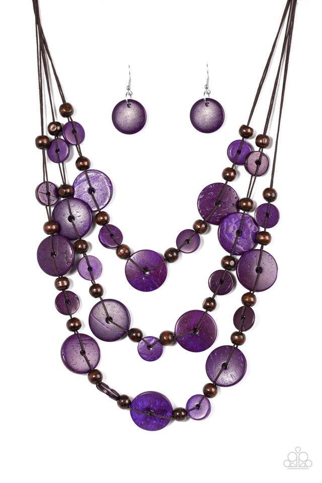 Paparazzi Accessories South Beach Summer - Purple Brushed in a distressed finish, purple and brown wooden beads trickle along three strands, creating a summery look down the chest. Features a button loop closure. Jewelry