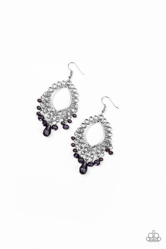Paparazzi Accessories Just Say NOIR - Purple Glassy purple beading swings from the bottom of a frilly silver frame, creating a whimsical fringe. Earring attaches to a standard fishhook fitting. Jewelry