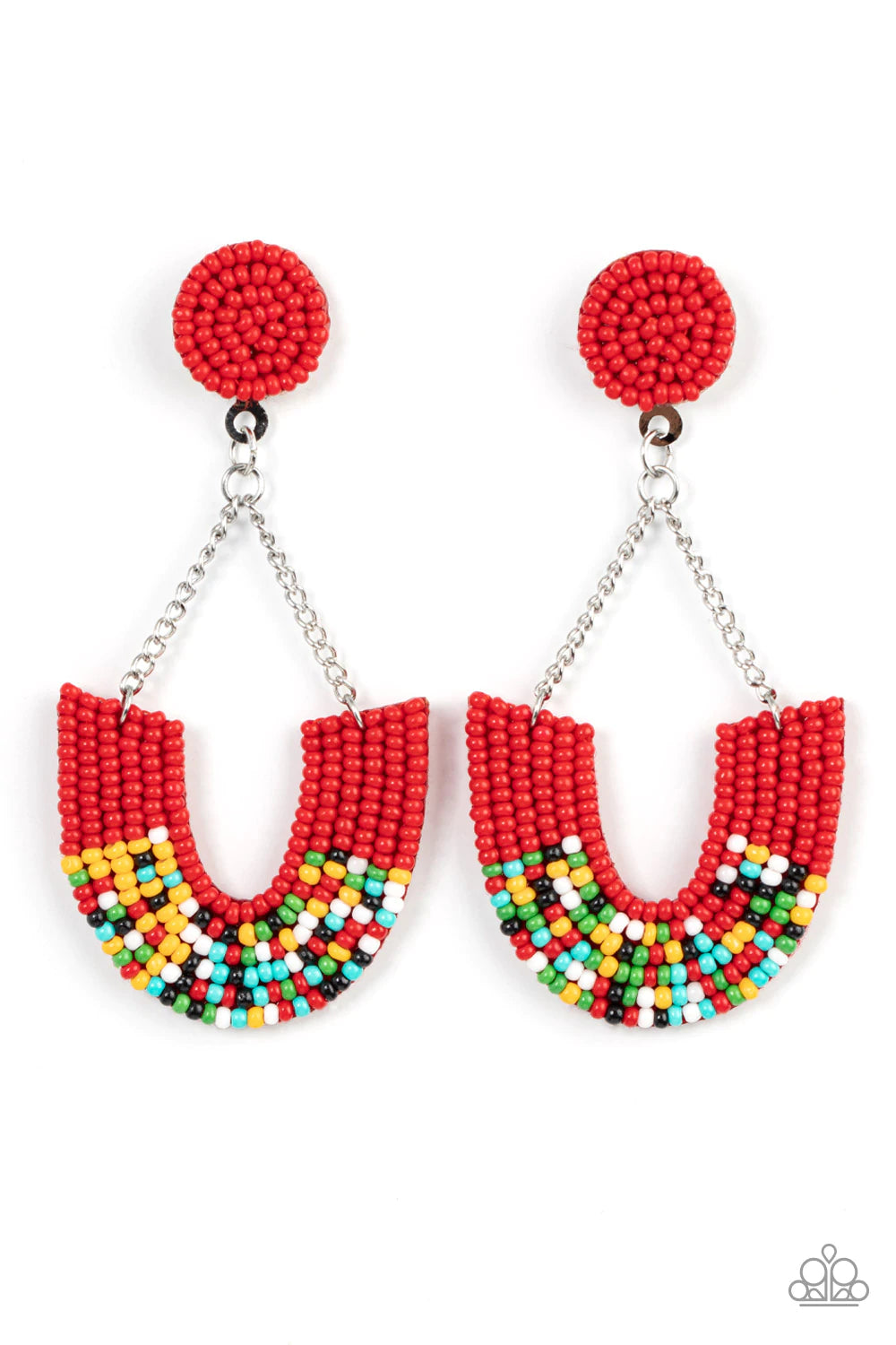 Paparazzi Accessories Make It Rainbow - Red Adorned in sections of red and multicolored seed beaded accents, a colorful rainbow swings from the bottom of shimmery silver chains that attach to a red seed beaded disc for a bohemian inspired fashion. Earring