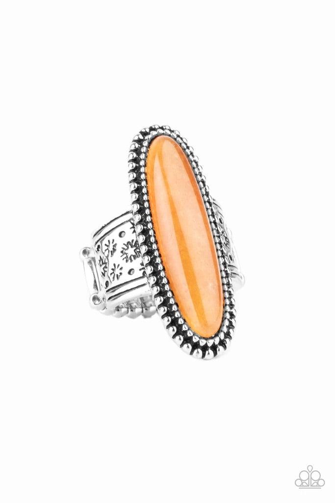 Paparazzi Accessories Ultra Luminary - Orange An oblong orange stone adorns the center of a studded silver frame that sits atop a thick silver band stamped in antiqued stars. Features a stretchy band for a flexible fit. Sold as one individual ring. Jewelr
