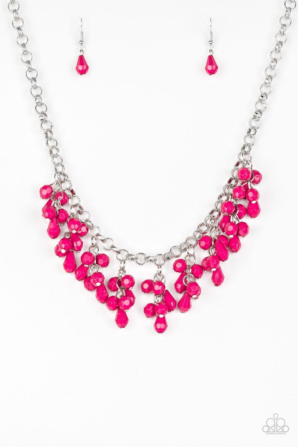 Paparazzi Accessories Modern Macarena - Pink Featuring round and teardrop shapes, clusters of faceted pink beads swing from the bottom of a shimmery silver chain, creating a playful fringe below the collar. Features an adjustable clasp closure. Jewelry