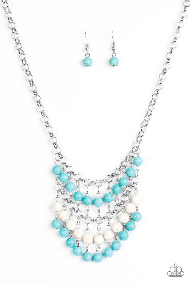 Paparazzi Accessories Jurassic Park Party - Multi Refreshing turquoise and white stone beads swing from the bottom of a netted silver chain, creating a bold artisanal fringe below the collar. Features an adjustable clasp closure. Sold as one individual ne