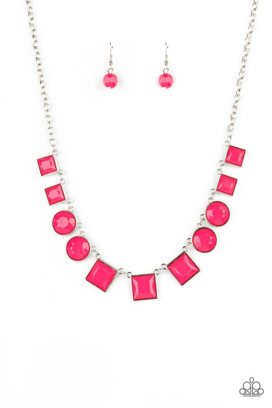 Paparazzi Accessories Tic Tac TREND - Pink Bright geometric square and round beads in the Pantone® of Raspberry Sorbet are pressed into simple silver frames to create a lively statement below the collar. Features an adjustable clasp closure. Sold as one i