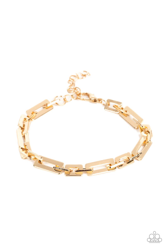 Paparazzi Accessories Stratosphere Gear - Gold A shiny assortment of flat rectangular and square gold links daringly interlocks around the wrist, resulting in a bold industrial centerpiece. Features an adjustable clasp closure. Bracelets