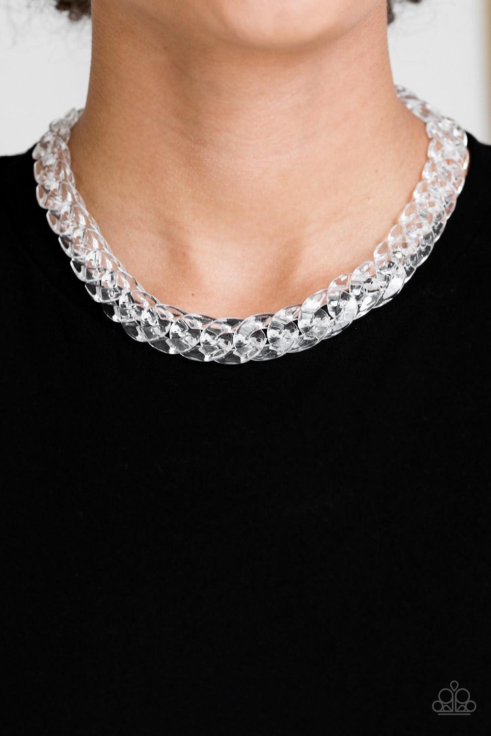 Paparazzi Accessories Put It On Ice - White Glassy white links connect below the collar for a bold statement-making look. Features an adjustable clasp closure. Jewelry