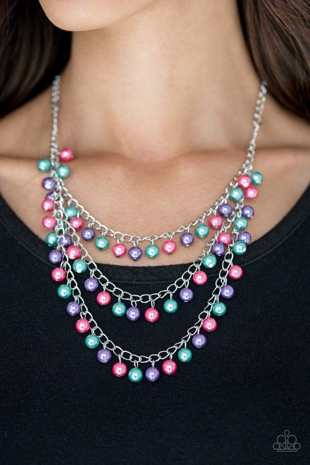 Paparazzi Accessories Chicly Classic - Multi Classic green, pink, and purple pearls trickle from three shimmery chains below the collar, adding a timeless twist to a traditional pearl palette. Features an adjustable clasp closure. Jewelry