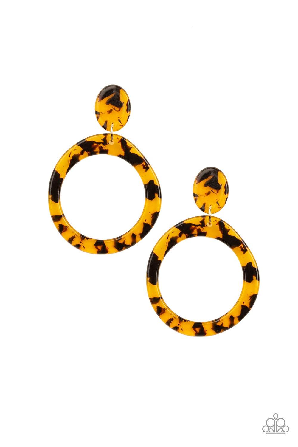 Paparazzi Accessories Fish Out Of Water - Yellow Speckled acrylic frames link into a retro lure for a flirtatious look. Earring attaches to a standard post fitting. Jewelry
