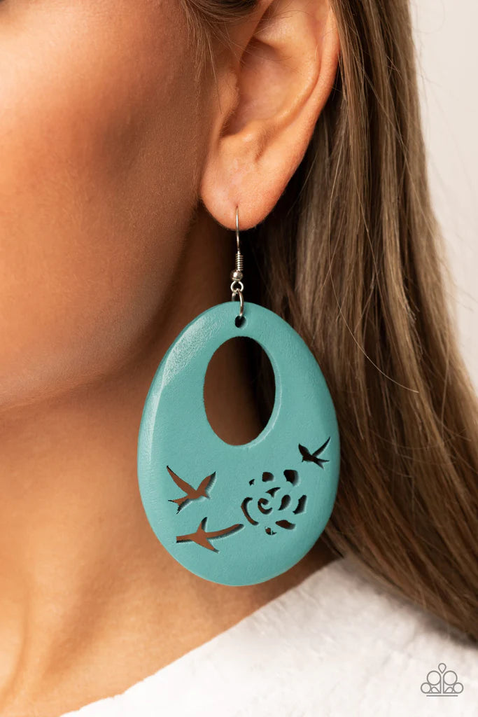 Paparazzi Accessories Home TWEET Home - Blue The bottom of a turquoise blue wooden teardrop frame features bird and floral cutouts, creating a whimsical centerpiece. Earring attaches to a standard fishhook fitting. Sold as one pair of earrings. Jewelry