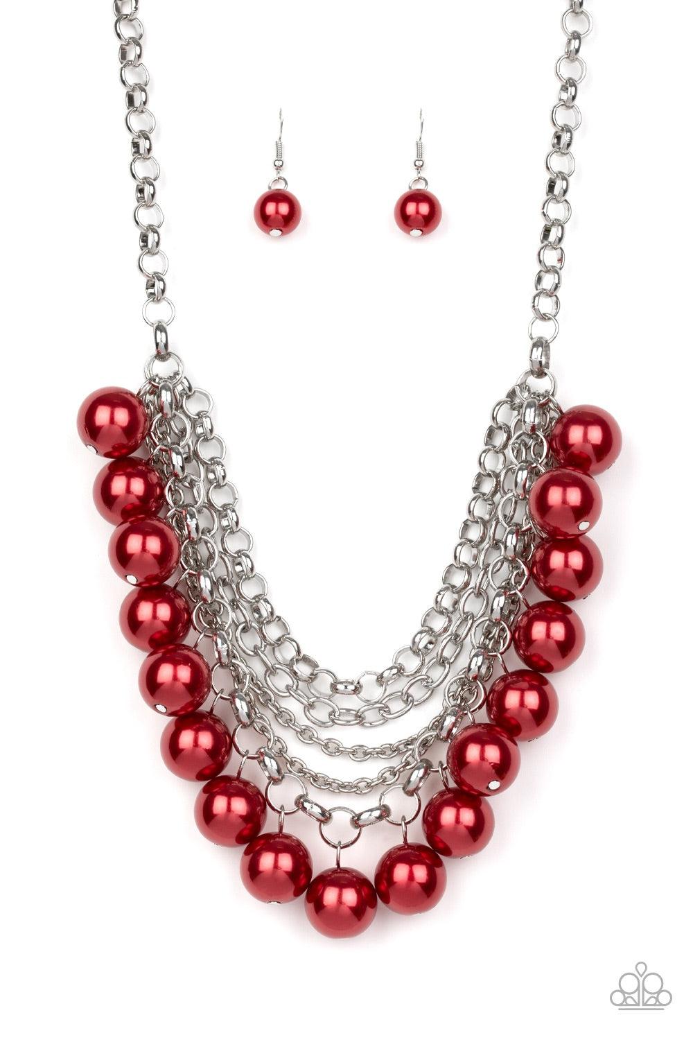 Paparazzi Accessories One-Way WALL Street - Red A collision of mismatched silver chains layer below the collar. Oversized red pearls dangle from the lowermost chain, creating a dramatically refined fringe for a statement-making finish. Features an adjusta