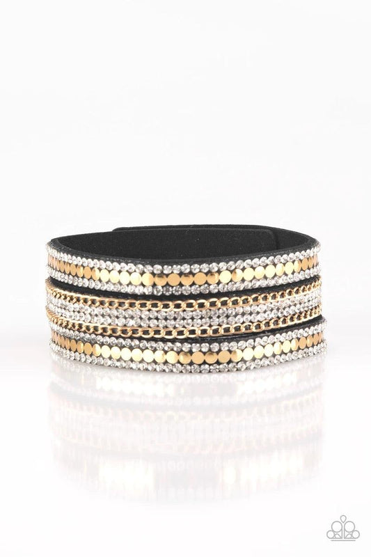 Paparazzi Accessories Fashion Fanatic - Gold Rows of flat gold discs, glassy white rhinestones, and shimmery gold chains are encrusted along black suede bands for a sassy look. Features an adjustable snap closure. Sold as one individual bracelet. Jewelry