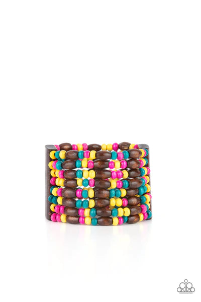Paparazzi Accessories Tropical Nirvana - Multi Held together with brown wooden rectangular frames, mismatched rows of oval brown and round multicolored wooden beads are threaded along stretchy bands around the wrist for a whimsically layered look.
