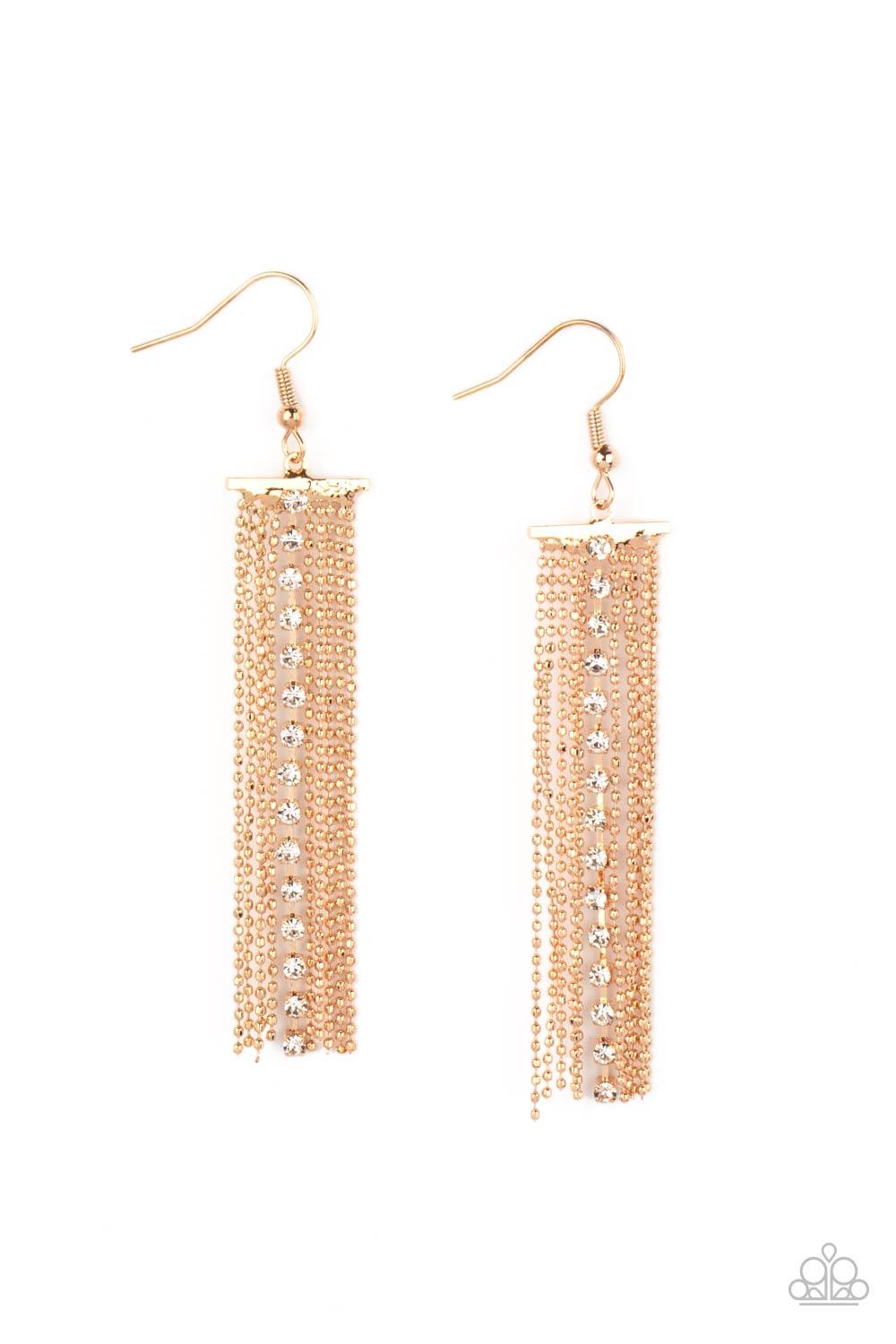 Paparazzi Accessories Another Day, Another DRAMA - Gold Infused with a strand of glassy white rhinestones, rows of dainty gold ball chains cascade from a dainty gold fitting, creating a refined tassel. Earring attaches to a standard fishhook fitting. Sold