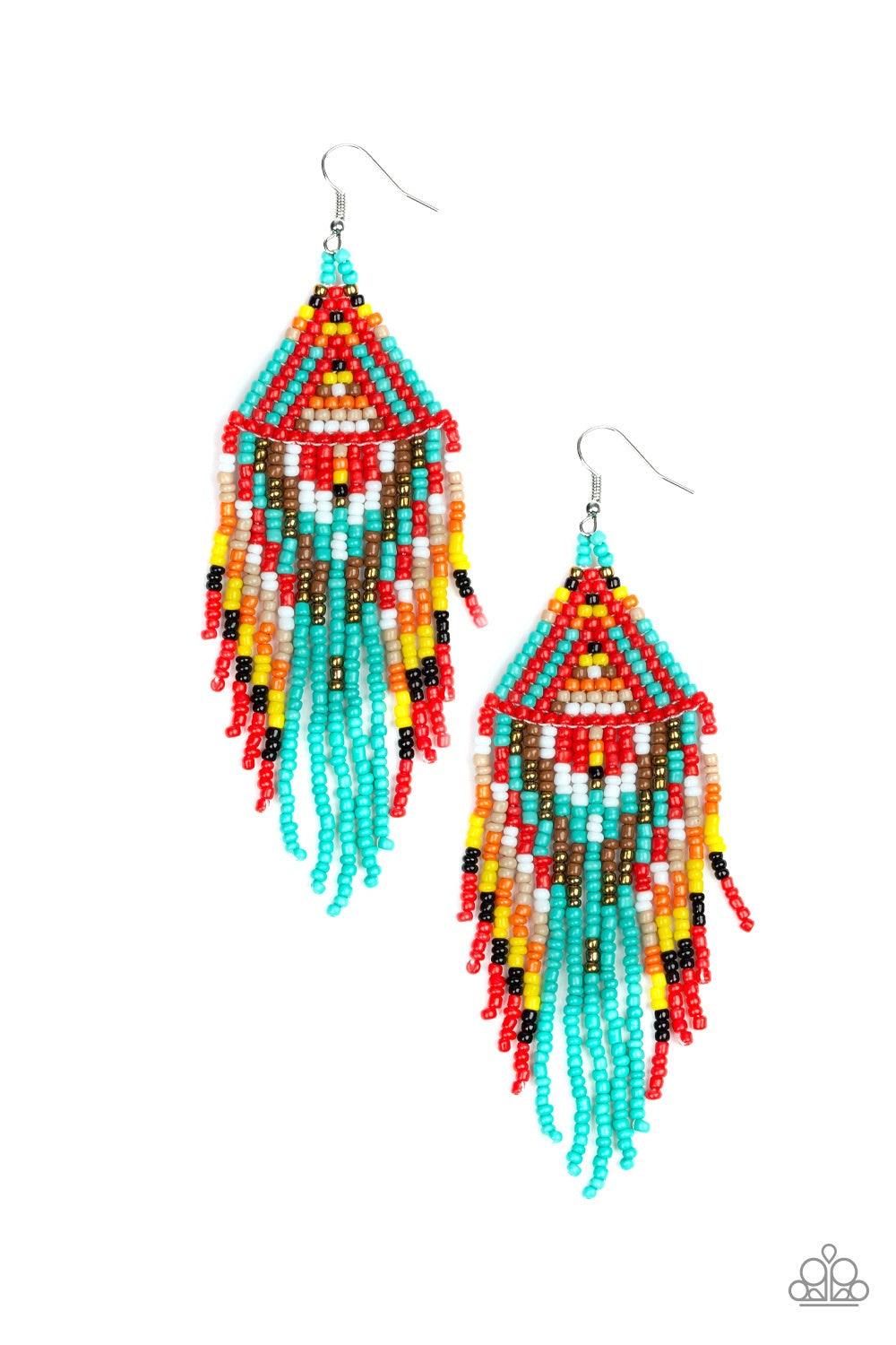 Paparazzi Accessories Boho Blast - Blue Featuring black, blue, brass, brown, orange, white, red, and yellow seed beads, dainty beaded tassels swing from a beaded triangular frame for a colorful tribal look. Earring attaches to a standard fishhook fitting.