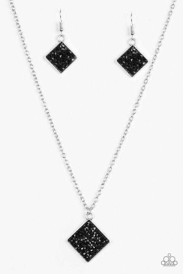 Paparazzi Accessories Kickin Up STARDUST - Black Glittery black rhinestones are sprinkled along a square silver frame, creating a dramatic pendant below the collar for a glamorous look. Features an adjustable clasp closure. Sold as one individual necklace