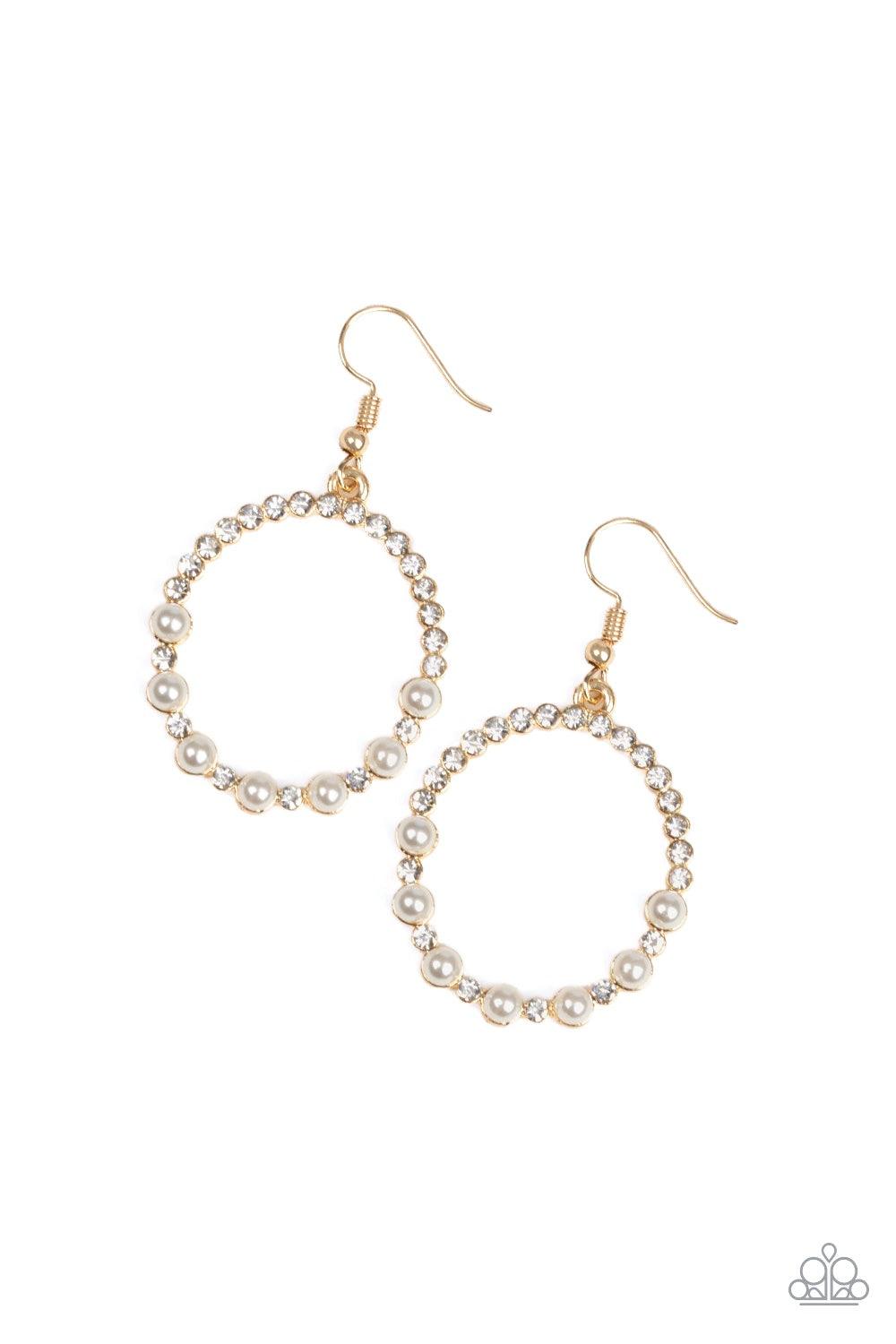 Paparazzi Accessories Glowing Grandeur - Gold Encrusted in glassy white rhinestones, the bottom of a glistening gold hoop is dotted in bubbly white pearls for a refined fashion. Earring attaches to a standard fishhook fitting. Jewelry