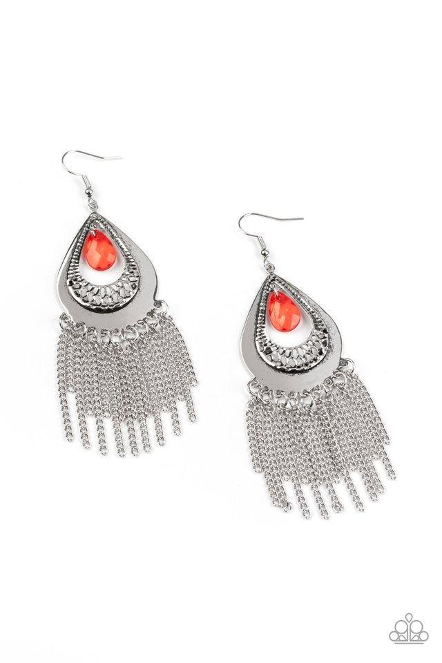 Paparazzi Accessories Scattered Storms - Red A faceted red teardrop dangles from the top of a decorative silver teardrop frame featuring stenciled and hammered details. Dainty silver chains stream from the bottom, adding a classic fringe to the refined di