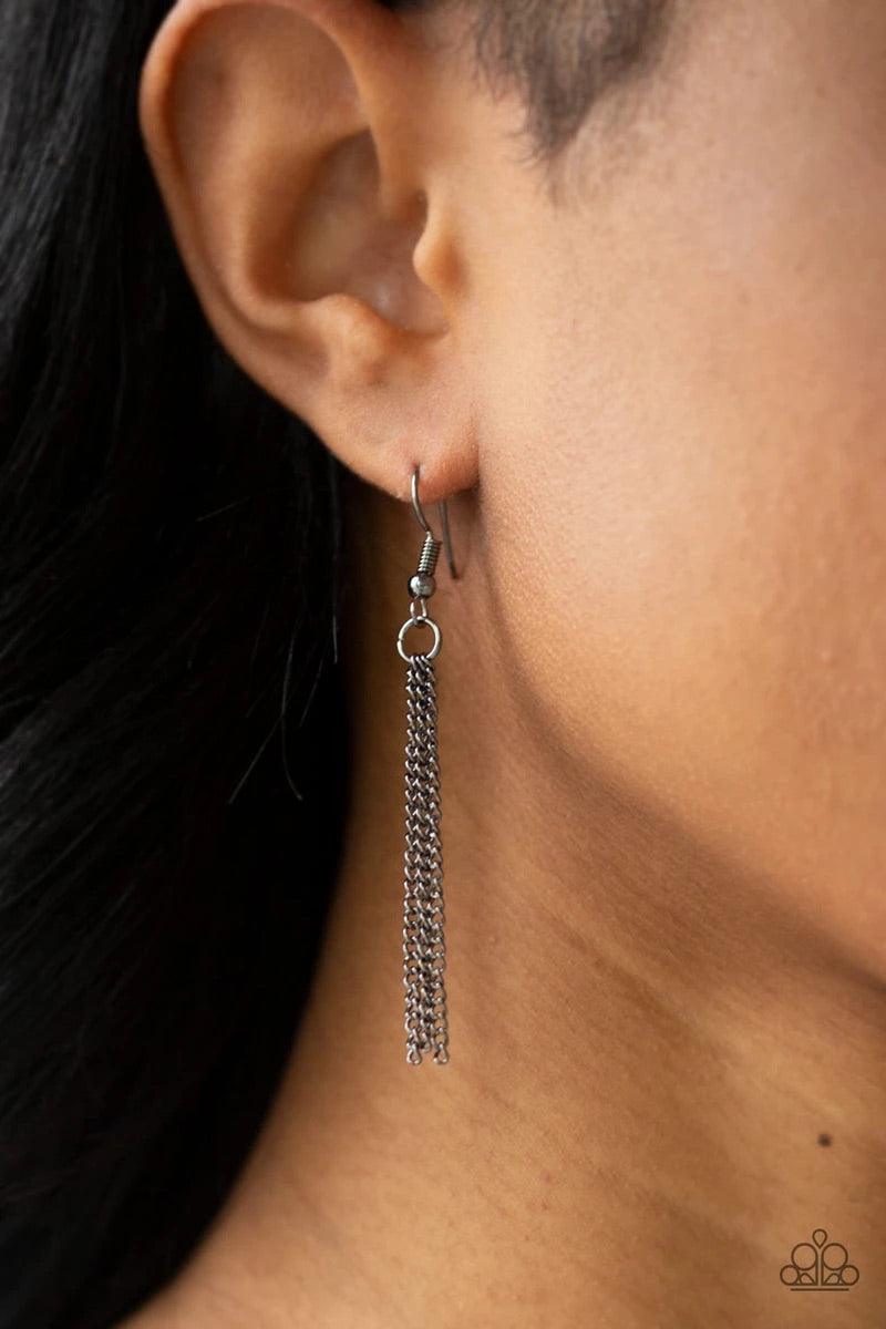 Paparazzi Accessories The Big Three - Black Gradually increasing in size, glistening gunmetal teardrops coalesce into a rippling frame for an edgy look. The airy pendant swings from the bottom of a lengthened gunmetal chain for an edgy look. Features an a