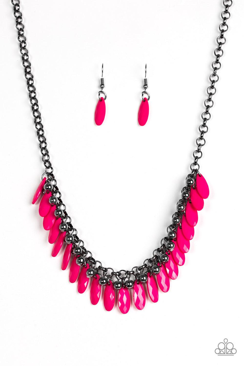 Paparazzi Accessories Jersey Shore - Pink Faceted pink teardrops and glistening gunmetal beads swing from the bottom of interlocking gunmetal chains, creating a spunky fringe below the collar. Features an adjustable clasp closure. Sold as one individual n