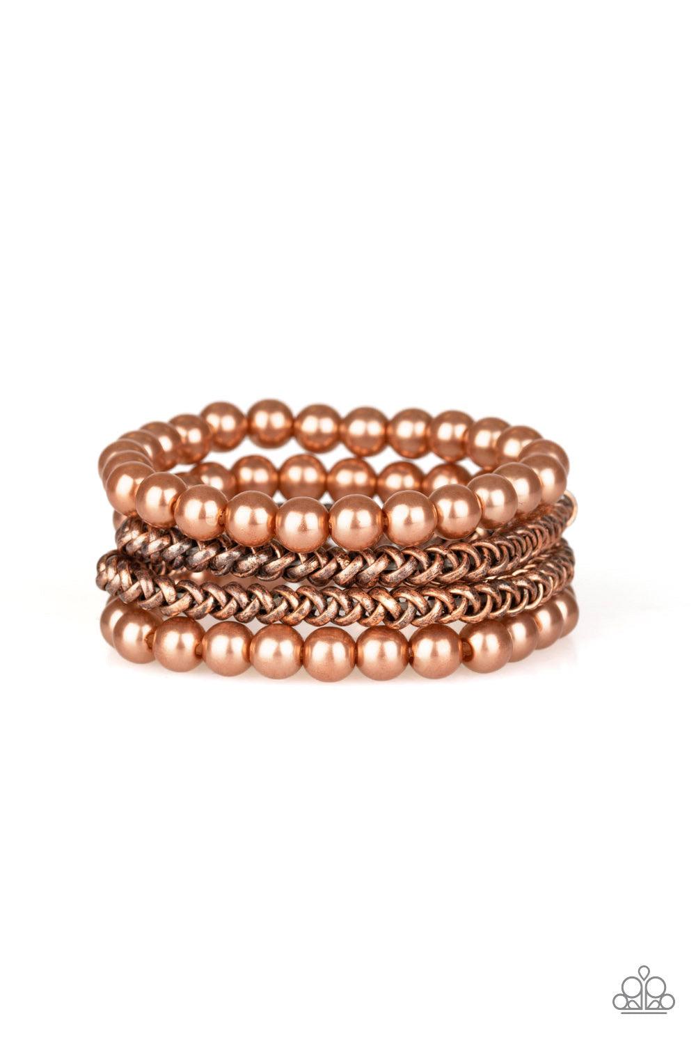 Paparazzi Accessories Industrial Incognito - Brass A collection of pearly copper beads and glistening copper chains are threaded along stretchy bands, creating a bold collision of industrial glamour. Jewelry
