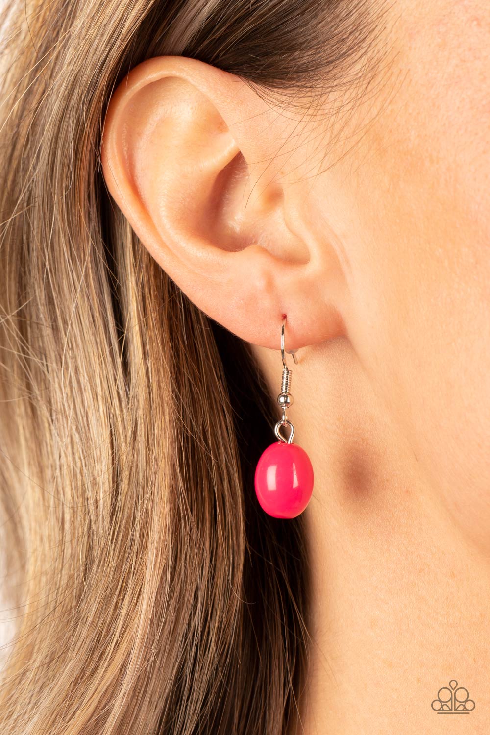 Paparazzi Accessories Coastal Cruise - Pink Infused with silver accents, rows of glassy, opaque, and acrylic Fuchsia Fedora beads are threaded along invisible wires at the bottom of silver chains that layer into a vivacious pop of color below the collar.