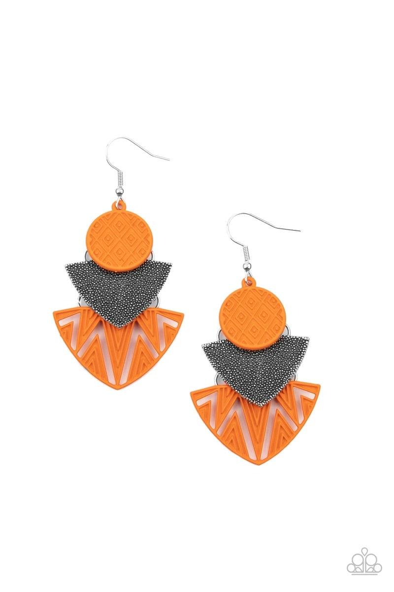 Paparazzi Accessories Jurassic Juxtaposition - Orange Painted in an orange matte, textured frames flank a studded silver frame, connecting into a colorful tribal inspired lure. Earring attaches to a standard fishhook fitting. Sold as one pair of earrings.