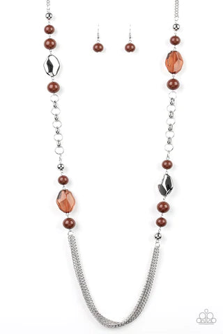 Paparazzi Accessories A-List Appeal - Brown Bubbly tan and brown pearls join brown crystal-like gems along a silver chain, resulting in a prismatic pop of color across the chest. Features an adjustable clasp closure. Sold as one individual necklace. Inclu