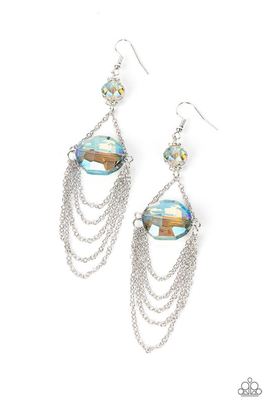 Paparazzi Accessories Ethereally Extravagant - Multi Tiers of dainty silver chains delicately layer from an oversized oval iridescent blue gem that is suspended from a faceted matching multi crystal-like bead, resulting in an ethereal chandelier. Earring