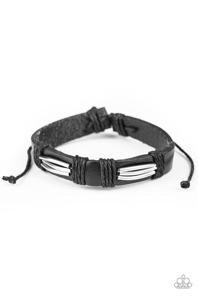 Paparazzi Accessories Industrial Interstate - Black Shiny silver accents are knotted in place across the front of a black leather band around the wrist for an edgy urban look. Features an adjustable sliding knot closure. Jewelry