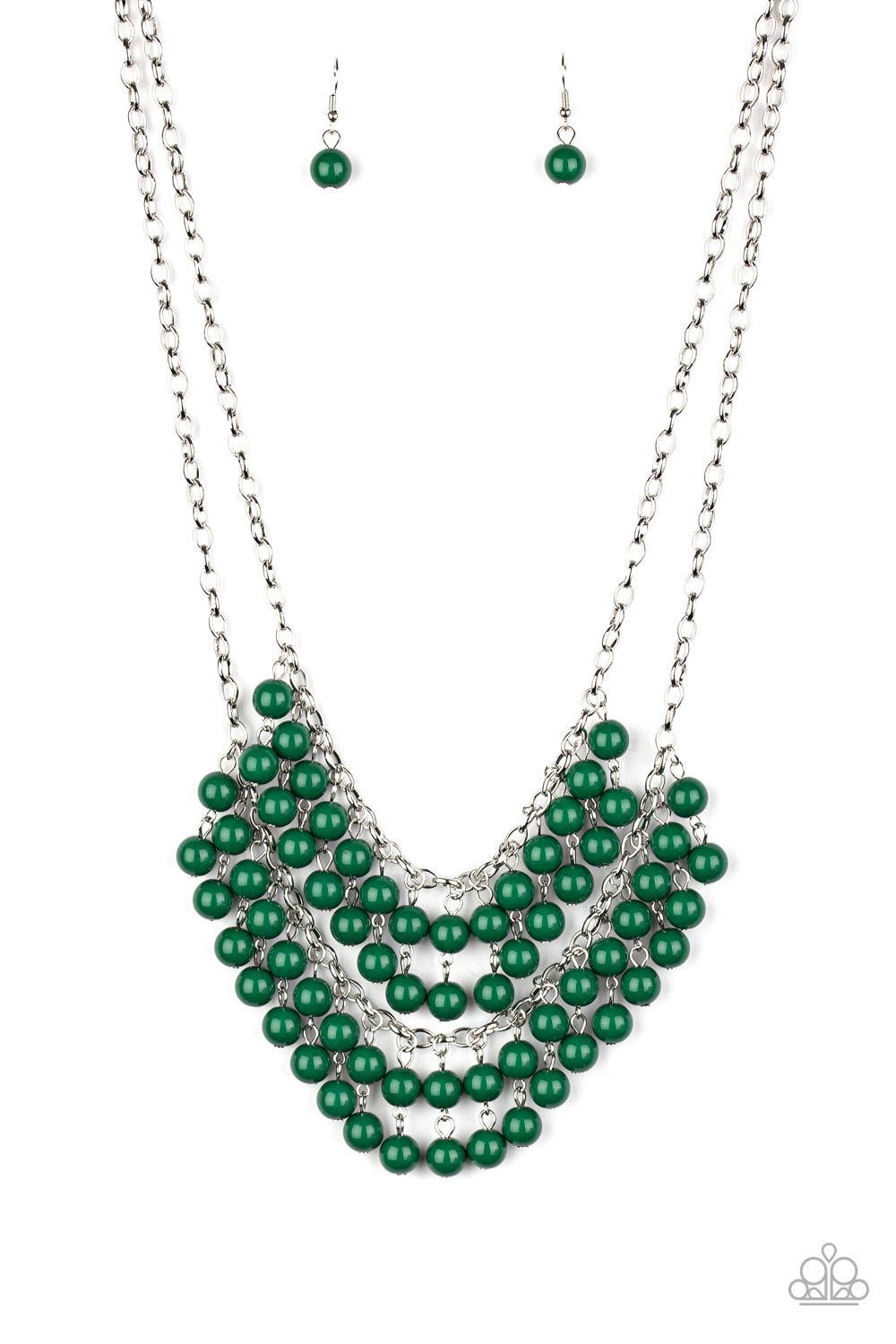 Paparazzi Accessories Bubbly Boardwalk - Green Pairs of green beads cascade from the bottoms of two silver chains, creating a vivaciously layered fringe below the collar. Features an adjustable clasp closure. Sold as one individual necklace. Includes one
