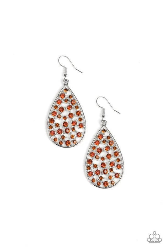 Paparazzi Accessories Call Me Ms. Universe - Brown Hints of silver and glittery rhinestones collect inside an airy silver teardrop frame, creating a gorgeous lure. Earring attaches to a standard fishhook fitting. Jewelry