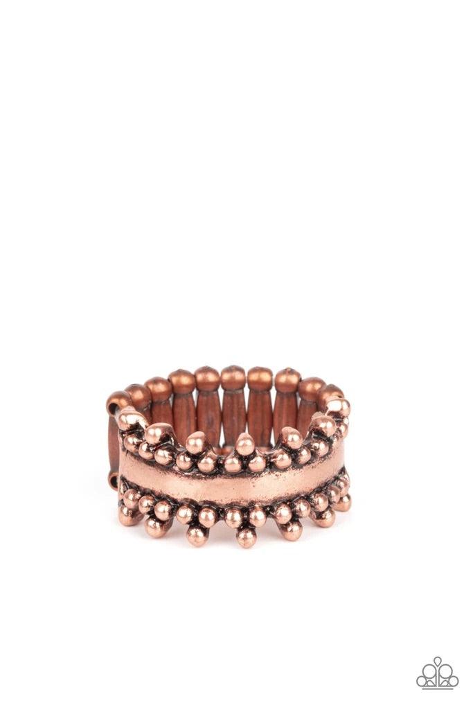 Paparazzi Accessories Heavy Metal Muse - Copper rios of shimmery copper studs dot the top and bottom of an antiqued copper band for an edgy industrial look. Features a dainty stretchy band for a flexible fit. Sold as one individual ring. Jewelry