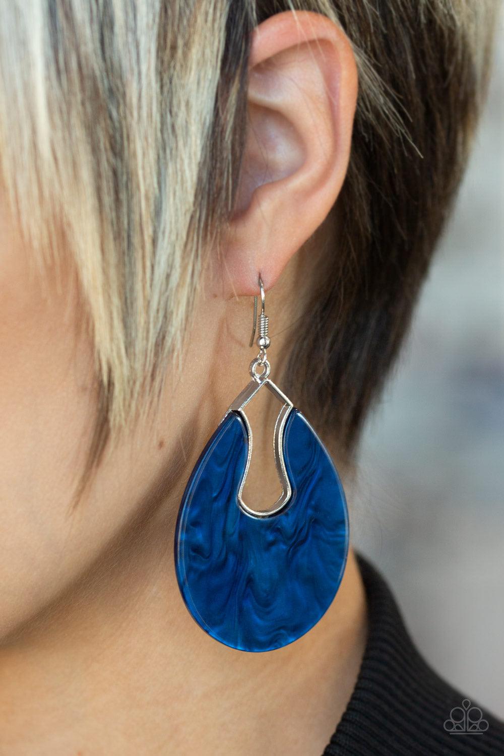Paparazzi Accessories Pool Hopper - Blue Brushed in a faux marble finish, a shimmering acrylic frame attaches to an abstract silver fitting as it swings from the ear for a retro look. Earring attaches to a standard fishhook fitting. Jewelry