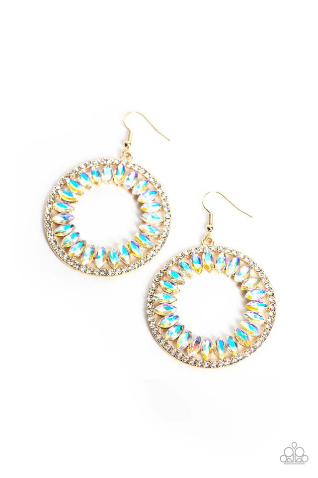 Paparazzi Accessories Wall Street Wreaths - Gold Encircled in a radiant white rhinestone border, iridescent marquise-cut gems spin around the inner circumference of a gold hoop, coalescing into a refined shimmer below the ear. Earring attaches to a standa
