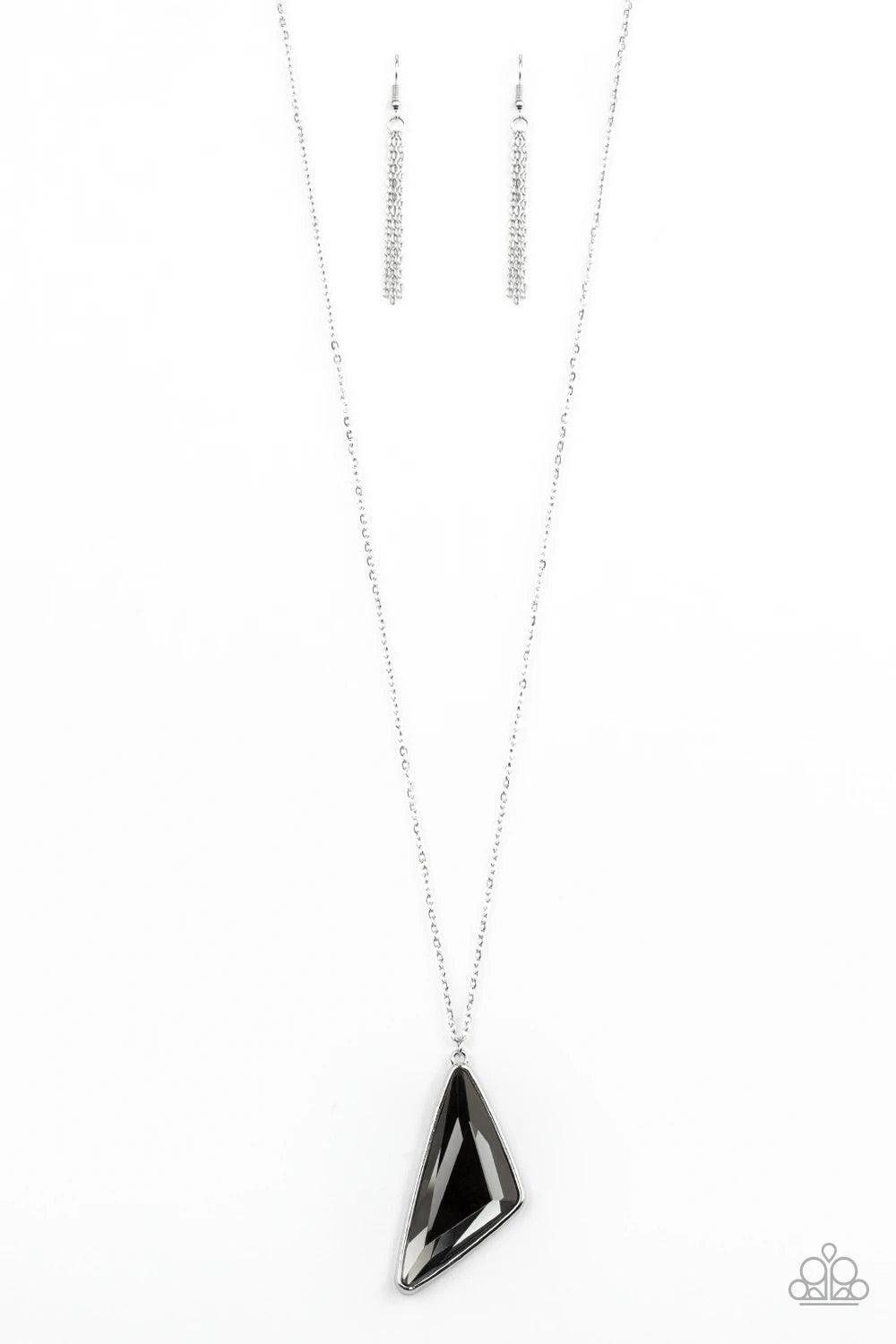 Paparazzi Accessories Ultra Sharp - Silver Cut into a striking triangular shape, a faceted smoky gem swings from the bottom of a lengthened silver chain for an edgy-glamorous fashion. Features an adjustable clasp closure. Sold as one individual necklace.