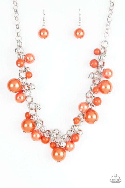 Paparazzi Accessories The Upstater - Orange Varying in size, bubbly orange pearls, classic silver beads, and shiny orange beads swing from the bottom of a glistening silver chain, creating a refined fringe below the collar. Features an adjustable clasp cl