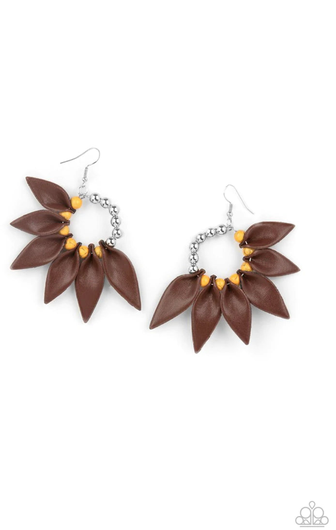 Paparazzi Accessories Flower Child Fever - Orange A silver hoop holds a row of silver beads, along with orange beads, which are wedged brown leather petals for a seasonal look. Featured in the EMP Spring Pack. Sold as one pair of earrings. Jewelry