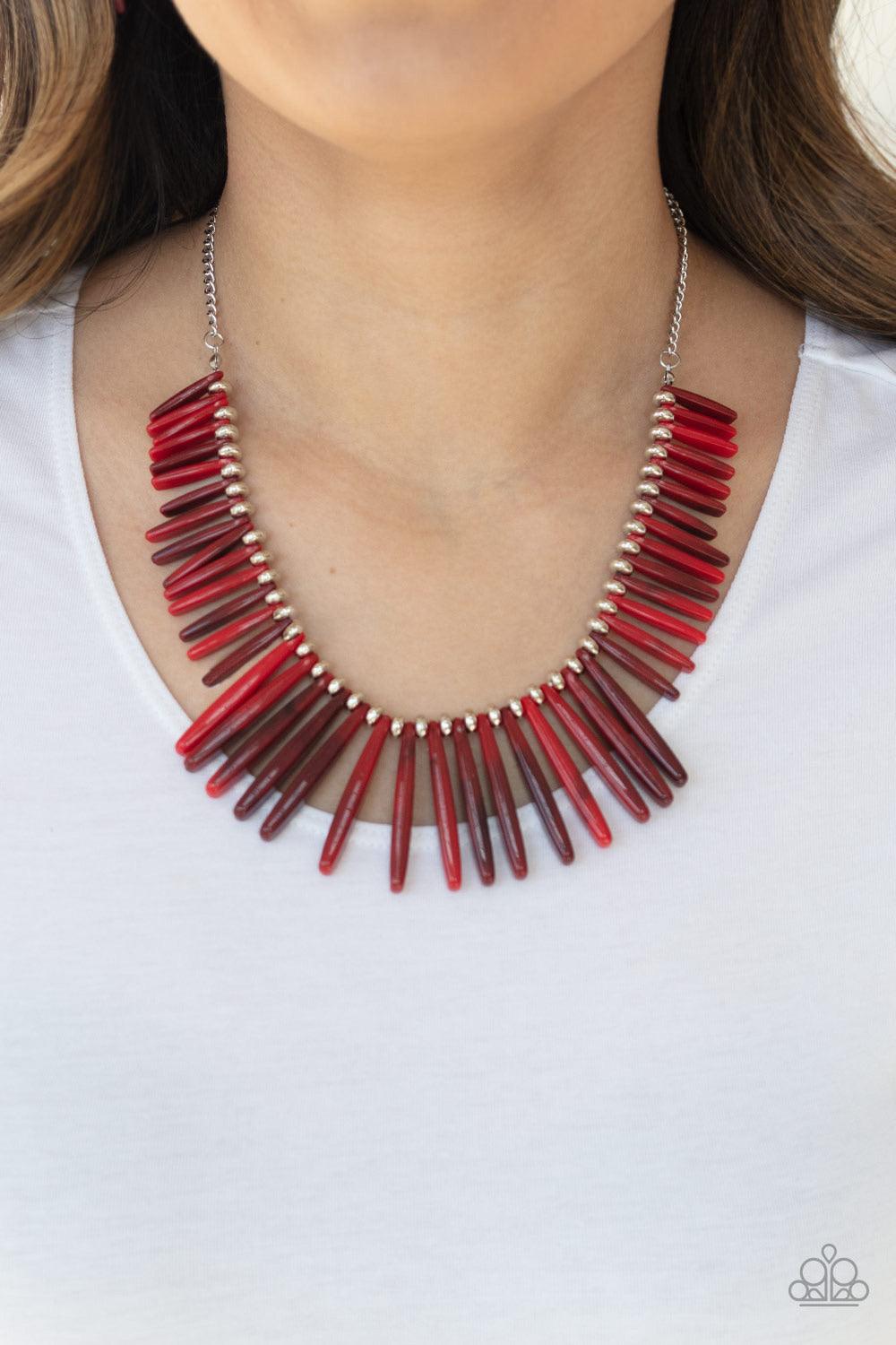 Paparazzi Accessories Out of My Element - Red Flanked by dainty silver beads, smoky red rod-like acrylic frames are threaded along an invisible wire, creating a colorful fringe below the collar. Features an adjustable clasp closure. Sold as one individual