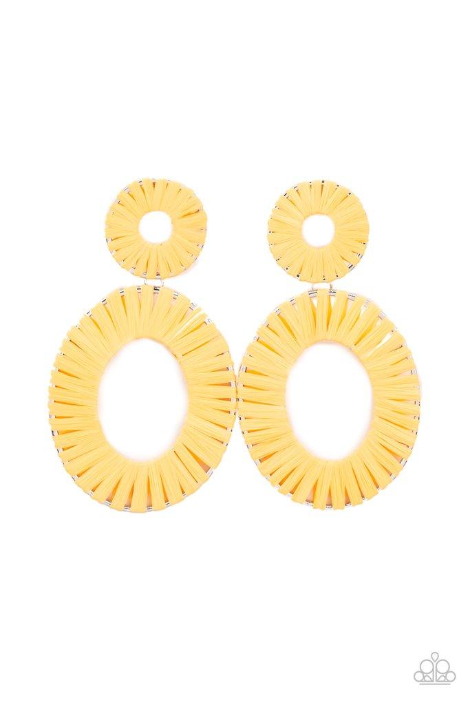 Paparazzi Accessories Foxy Flamenco - Yellow Wicker-like Marigold accents wrap around an oversized silver oval and dainty circular frame, linking into a colorful lure. Earring attaches to a standard post fitting. Sold as one pair of post earrings. Jewelry