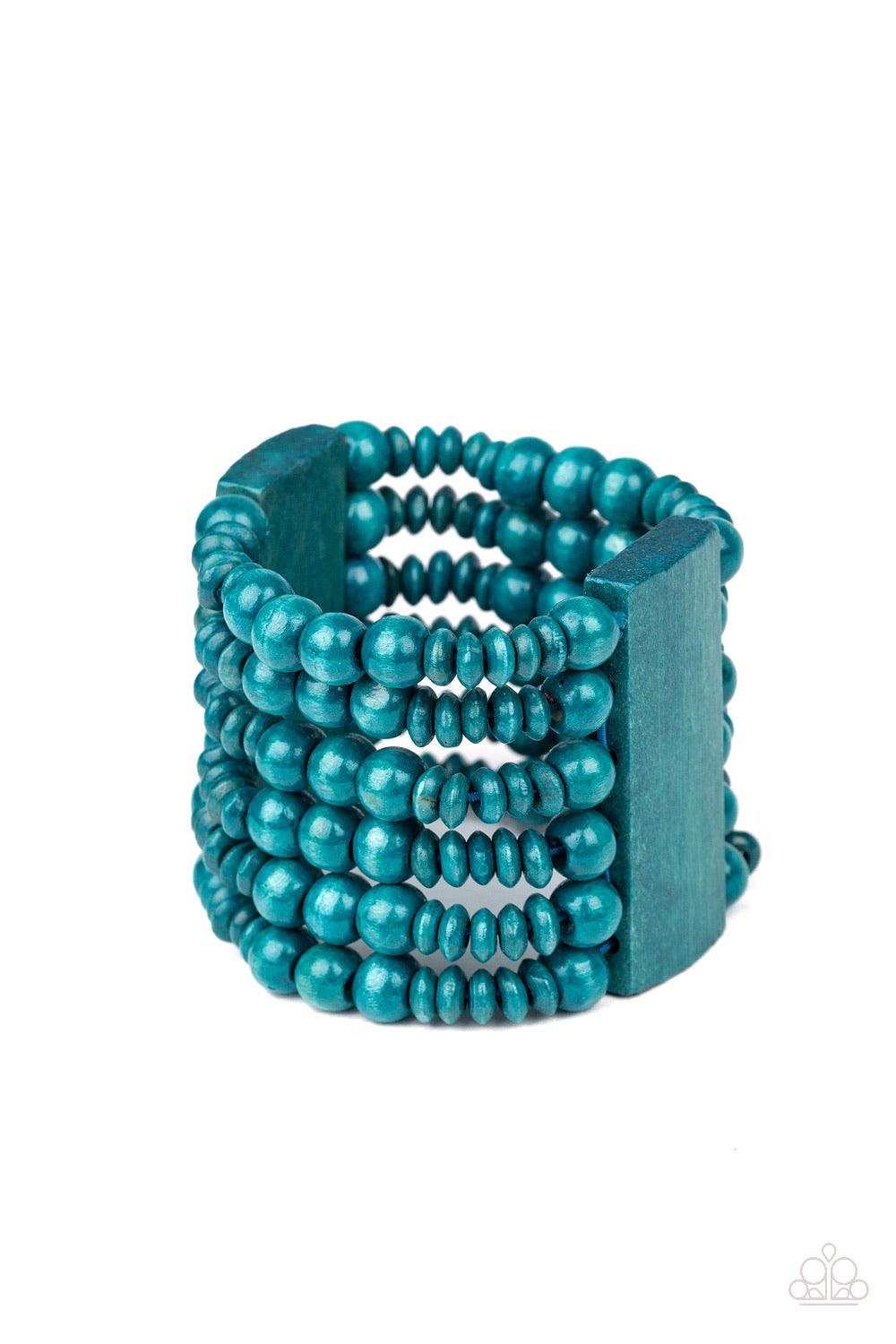 Paparazzi Accessories Don’t Stop BELIZE-ing - Blue Brushed in a refreshing blue finish, rectangular wooden frames hold together a collection of wooden beads threaded along stretchy bands, coalescing into a summery display around the wrist. Jewelry