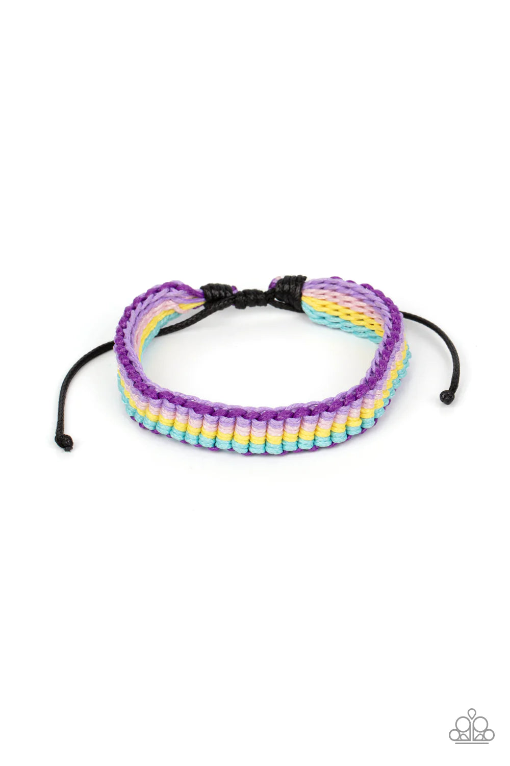 Paparazzi Accessories Campfire Craft - Multi Purple, blue, pink, and yellow thread is decoratively knotted around the wrist, creating a colorful rainbow. Features an adjustable sliding knot closure. Sold as one individual bracelet. Jewelry