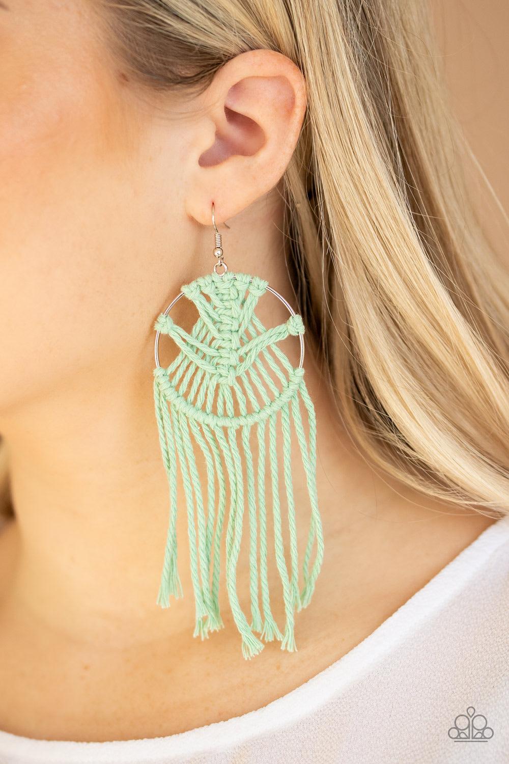 Paparazzi Accessories MACRAME, Myself And I - Green Soft minty green twine is decoratively knotted around a silver hoop, creating a trendy tassel. Earring attaches to a standard fishhook fitting. Jewelry