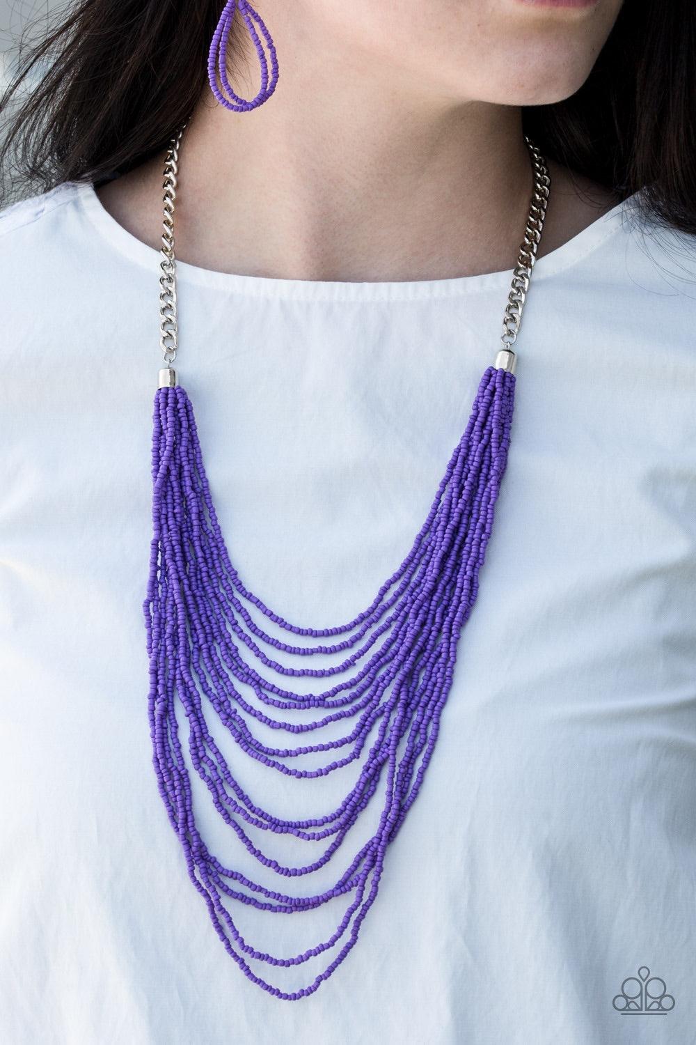 Paparazzi Accessories Bora Bombora - Purple Row after row of vivacious purple seed beads cascade down the chest, creating summery layers. Features an adjustable clasp closure. Jewelry