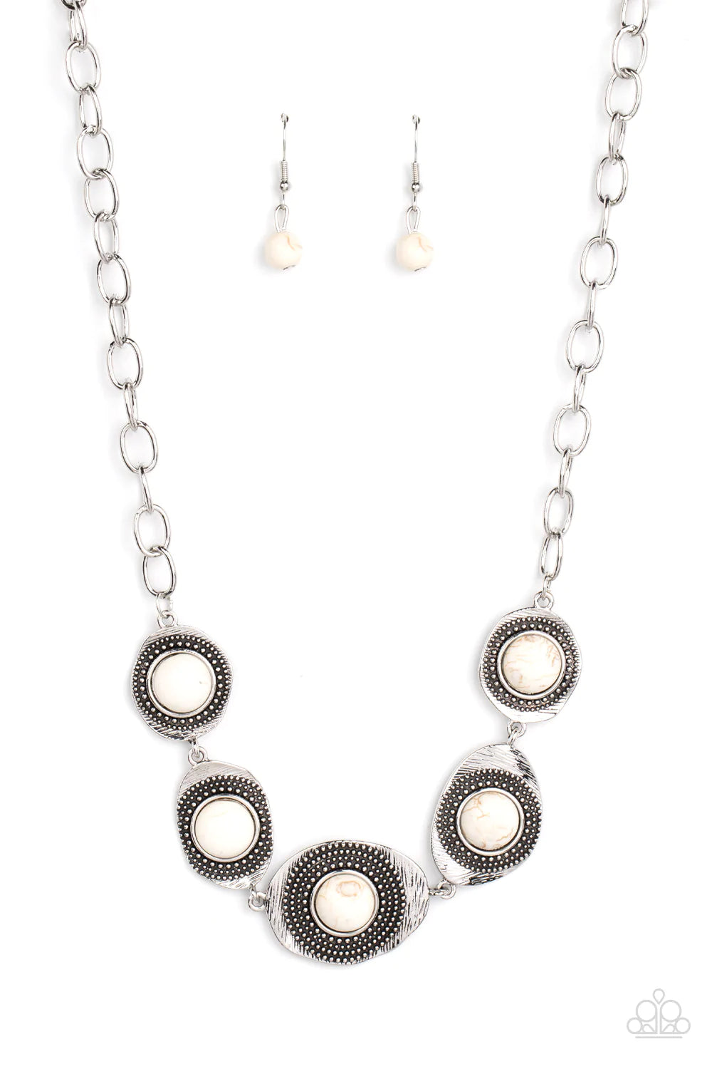 Paparazzi Accessories Homestead Harmony - White Refreshing white stones dot the centers of wavy irregular-shaped frames. Embellished with studded and etched feathery texture, the rustic frames create an earthy artisanal display below the collar. Features