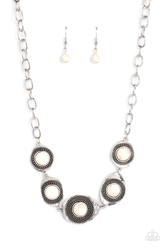 Paparazzi Accessories Homestead Harmony - White Refreshing white stones dot the centers of wavy irregular-shaped frames. Embellished with studded and etched feathery texture, the rustic frames create an earthy artisanal display below the collar. Features