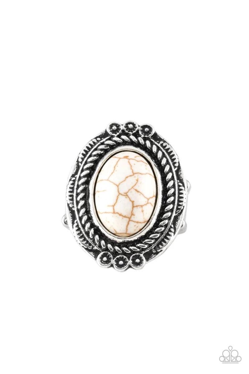 Paparazzi Accessories Tumblin’ Tumbleweeds - White A refreshing white stone is pressed into an antiqued silver frame radiating with floral detail for a seasonal look. Features a stretchy band for a flexible fit. Sold as one individual ring. Jewelry