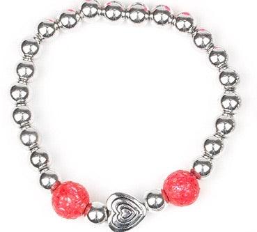 Paparazzi Accessories Starlet Shimmer Bracelet #13 ~Red Featuring silver heart charms, with a glassy colored bead. Jewelry